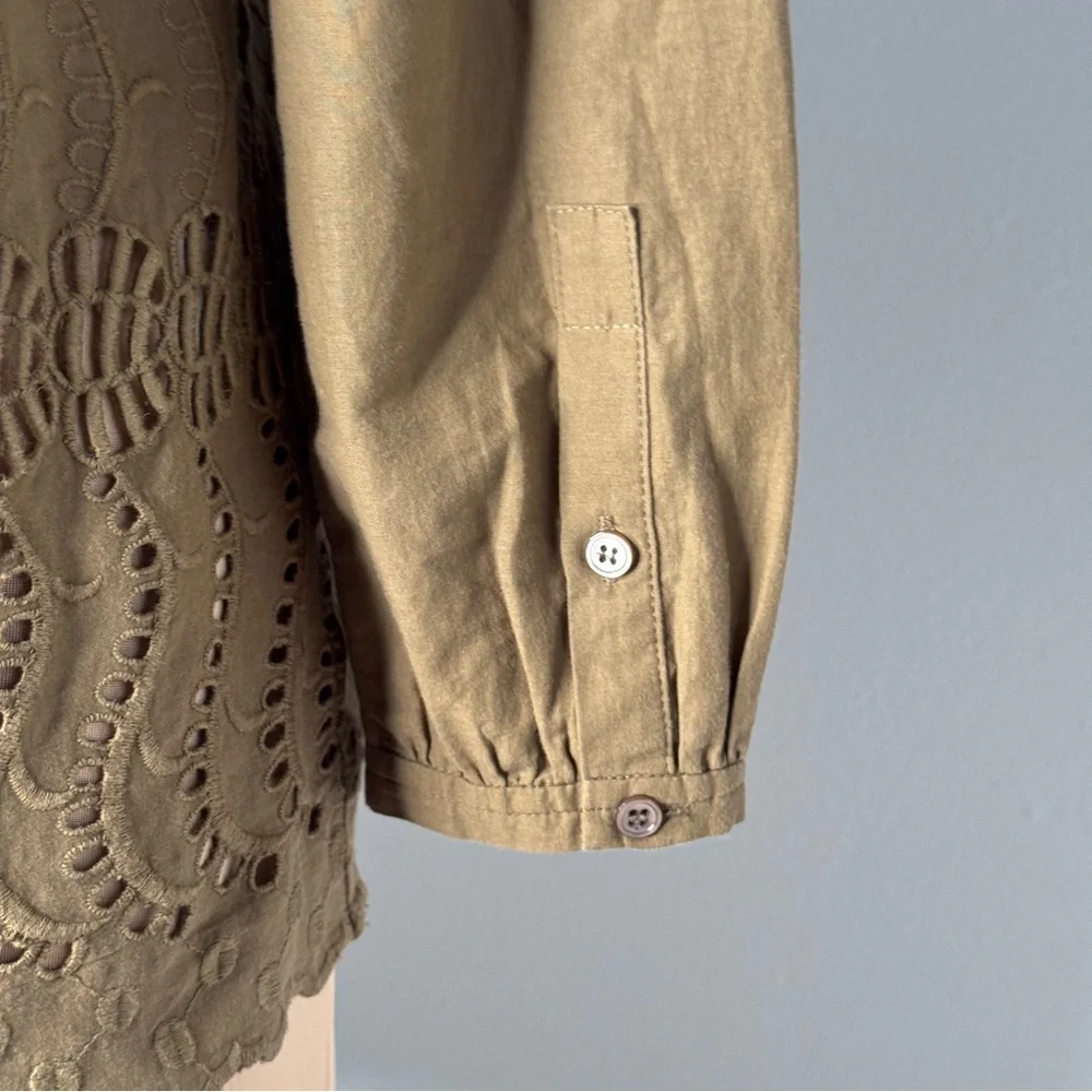 J.Crew Olive Green 100% Cotton Button-Up Women's Top Embroidery Lace Embroidered - Picture 6 of 11